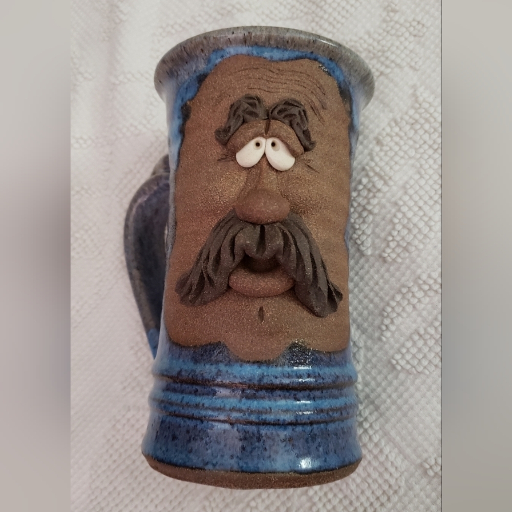 Handcrafted Ceramic Mustache Face Mug With Blue and Brown Design